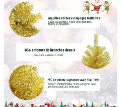 COSTWAY Sapin Et Accessoire^ Arbre De Noël Artificiel 180 Cm Coloris Champagne Dore Traitement Electro-Galvanisation Support Meta