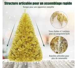 COSTWAY Sapin Et Accessoire^ Arbre De Noël Artificiel 180 Cm Coloris Champagne Dore Traitement Electro-Galvanisation Support Meta