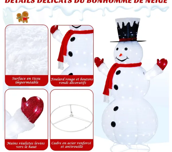 COSTWAY Guirlande Et Boule De Sapin^ Bonhomme De Neige De Noël Artificiel Illumine De 180 Cm, Décoration De Noël Depliable Pre-Eclaire