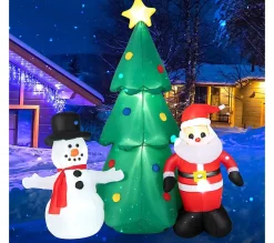 New COSTWAY 185Cm Sapin De Noël Gonflable Avec Pere Noël Et Bonhomme De Neige, Décorations De Noël Avec Lumieres