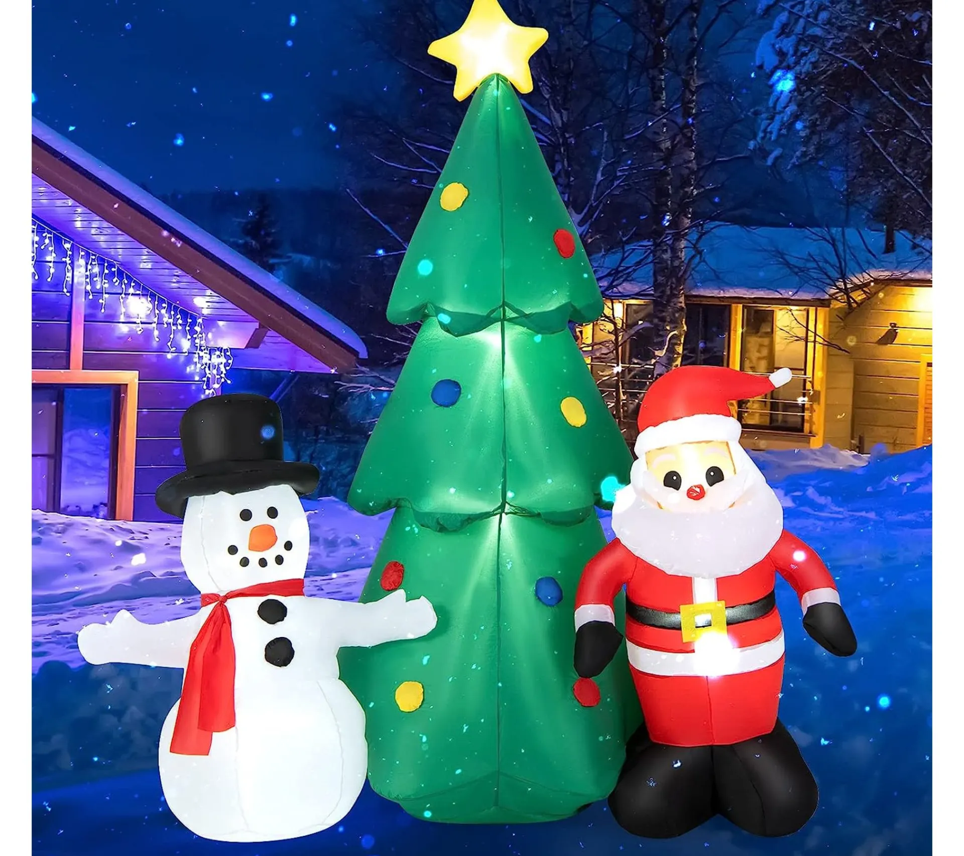 New COSTWAY 185Cm Sapin De Noël Gonflable Avec Pere Noël Et Bonhomme De Neige, Décorations De Noël Avec Lumieres