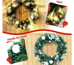 COSTWAY Guirlande Et Boule De Sapin^ Couronne De Noël 50 Cm Avec 30 Lumieres Led Minuterie 6H Boules Flocons De Neige Et Fleurs