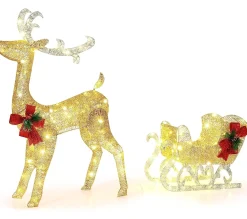 Discount COSTWAY Décoration De Noël Avec 100 Lumieres Blanches Chaudes, Renne Lumineux Avec Traineau, Décoration