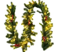 COSTWAY Guirlande Et Boule De Sapin^ Guirlande De Noël Décorative 270 Cm Avec 100 Lumieres Led Pre-Installees Baies Rouges Minuterie Pomm