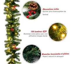 COSTWAY Guirlande Et Boule De Sapin^ Guirlande De Noël Décorative 270 Cm Avec 100 Lumieres Led Pre-Installees Baies Rouges Minuterie Pomm
