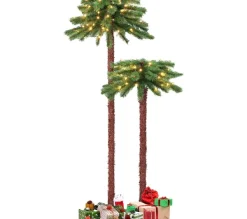 COSTWAY Sapin Et Accessoire^ Lot De 2 Palmier De Noël Artificiel De 107 Et 152 Cm Pre-Illumine Avec 100 Led Lumieres Blanch