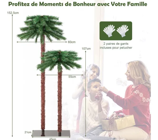 COSTWAY Sapin Et Accessoire^ Lot De 2 Palmier De Noël Artificiel De 107 Et 152 Cm Pre-Illumine Avec 100 Led Lumieres Blanch