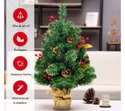 COSTWAY Sapin Et Accessoire^ Mini Arbre De Noël Artificiel De Table H60 Cm En Pvc Avec 80 Branches,Décore De Pommes De Pin Base