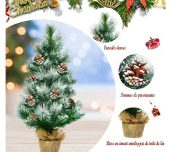 COSTWAY Sapin Et Accessoire^ Mini Arbre De Noël Artificiel De Table H60 Cm En Pvc Avec 34 Branches,Décore De Pommes De Pin Base