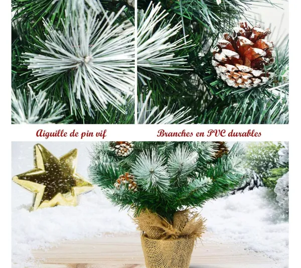 COSTWAY Sapin Et Accessoire^ Mini Arbre De Noël Artificiel De Table H60 Cm En Pvc Avec 34 Branches,Décore De Pommes De Pin Base