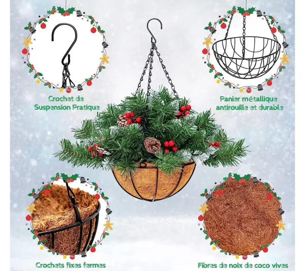 COSTWAY Guirlande Et Boule De Sapin^ Panier Suspendu De Noël Artificiel Pre-Illumine Avec 60 Branches Enneigees, 7 Pommes De Pin
