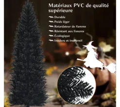 COSTWAY Sapin Et Accessoire^ Sapin Artificiel D'Halloween/ Noël Noir 180 Cm Longiforme Avec 743 Rameaux Support Metallique Pliabl