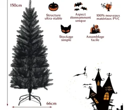 COSTWAY Sapin Et Accessoire^ Sapin Artificiel D'Halloween/ Noël Noir 150 Cm Longiforme Avec 300 Rameaux Support Metallique Pliabl
