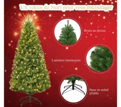 COSTWAY Sapin Et Accessoire^ Sapin De Noël 210 Cm, Arbre De Noël Artificiel Avec Lumieres Led Multicolore 11 Modes