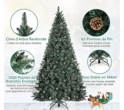 COSTWAY Sapin Et Accessoire^ Sapin De Noël 180 Cm Pre-Décore Avec 1000 Pointes Blanches Des Feuilles D'Aiguilles Etoffee 63 Pomme