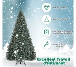 COSTWAY Sapin Et Accessoire^ Sapin De Noël 180 Cm Pre-Décore Avec 1000 Pointes Blanches Des Feuilles D'Aiguilles Etoffee 63 Pomme