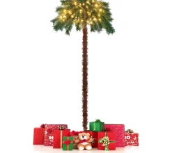 COSTWAY Sapin Et Accessoire^ Sapin De Noël 150 Cm, Cocotier Artificiel Pre-Illumine Avec 150 Lumieres Led Blanc Chaud, 63 Branche