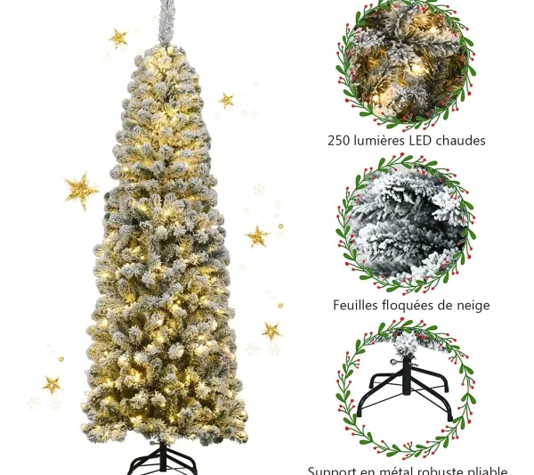 COSTWAY Sapin Et Accessoire^ Sapin De Noël Artificiel Enneige 180 Cm, Arbre De Noël Avec 250 Lumieres Led, 500 Aiguilles En Pvc