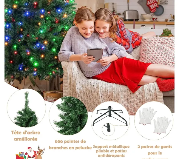 COSTWAY Sapin Et Accessoire^ Sapin De Noël Artificiel Pre-Illumine,180 Cm Avec 260 Led Lumieres Multicolores