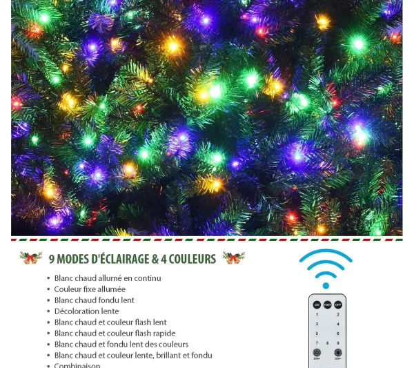 COSTWAY Sapin Et Accessoire^ Sapin De Noël Artificiel Led 180 Cm Avec 9 Fonctions Lumieres Interchangeables Blanc Chaud / 4 Coule