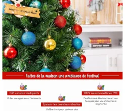 COSTWAY Sapin Et Accessoire^ Sapin De Noël Artificiel Luxuriant 180 Cm En Fleurs Avec 645 Branches Support En Metal Pliable 100%