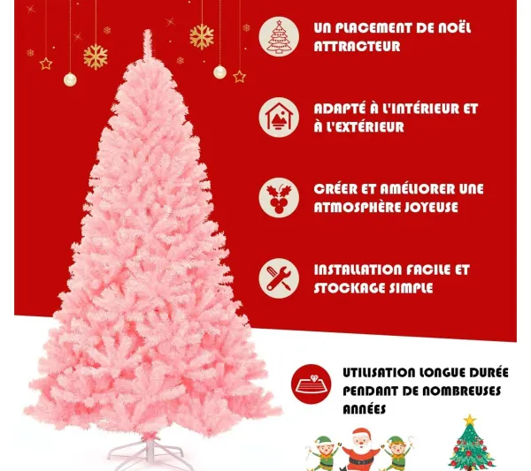 COSTWAY Sapin Et Accessoire^ Sapin De Noël Artificiel 225 Cm Couleur Fleur De Cerisier En Pvc Avec Support En Metal Pliable 1258