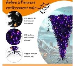COSTWAY Sapin Et Accessoire^ Sapin De Noël Artificiel Noir 180 Cm Inverse Arbre D'Halloween Avec 270 Lumieres Led Violettes Décor