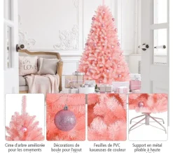 COSTWAY Sapin Et Accessoire^ Sapin De Noël Artificiel Rose 180 Cm Charnieres Avec 1036 Rameaux Base Metallique Pliable Pvc 100