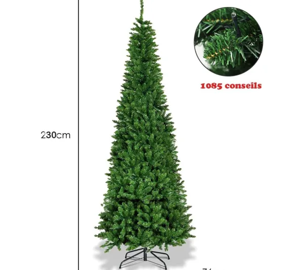 COSTWAY Sapin Et Accessoire^ Sapin De Noël Artificiel Led Et Longiforme 225 Cm Avec 350 Led Lumieres Colorees Feuilles