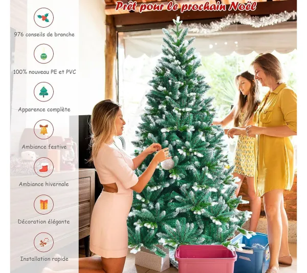 COSTWAY Sapin Et Accessoire^ Sapin De Noël Artificiel Enneige 180 Cm Avec 976 Branches Support En Metal Pliable 100% Pe Et Pvc