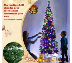 COSTWAY Sapin Et Accessoire^ Sapin De Noël Artificiel Vert 200 Cm, Avec 250 Lumieres Led Colorees, 708 Rameaux Longiforme