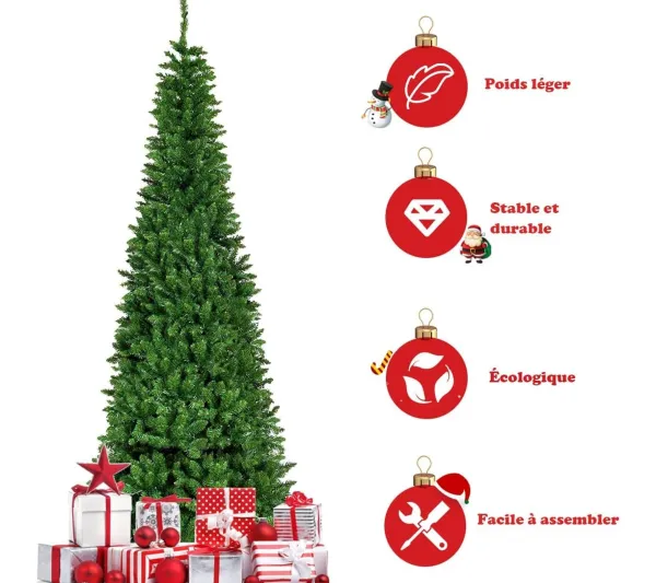 COSTWAY Sapin Et Accessoire^ Sapin De Noël Artificiel Vert 200 Cm, Avec 250 Lumieres Led Colorees, 708 Rameaux Longiforme
