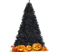 COSTWAY Sapin Et Accessoire^ Sapin De Noël Artificiel 225 Cm Noir 1749 Rameaux Denses Charnieres Support Metallique Pliable