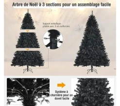 COSTWAY Sapin Et Accessoire^ Sapin De Noël Artificiel 225 Cm Noir 1749 Rameaux Denses Charnieres Support Metallique Pliable
