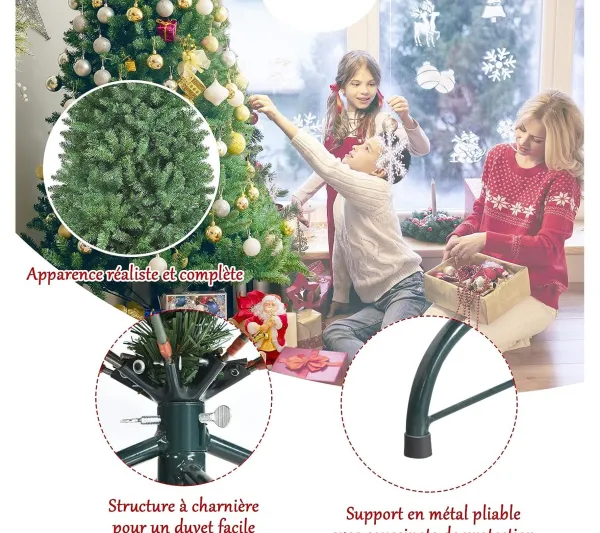 COSTWAY Sapin Et Accessoire^ Sapin De Noël Artificiel 180 Cm Avec 1130 Rameaux Denses Support Metallique Pliable Charnieres