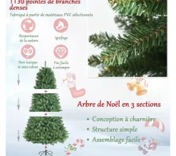 COSTWAY Sapin Et Accessoire^ Sapin De Noël Artificiel 180 Cm Avec 1130 Rameaux Denses Support Metallique Pliable Charnieres