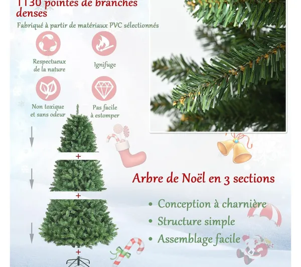 COSTWAY Sapin Et Accessoire^ Sapin De Noël Artificiel 180 Cm Avec 1130 Rameaux Denses Support Metallique Pliable Charnieres
