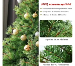COSTWAY Sapin Et Accessoire^ Sapin De Noël Artificiel 180 Cm Avec 820 Rameaux 100 % Pvc Aiguilles De Pin Et Support Metallique