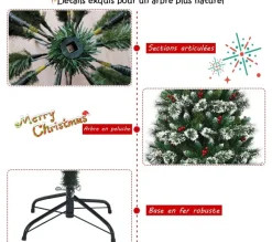COSTWAY Sapin Et Accessoire^ Sapin De Noël Artificiel 180 Cm Avec Flocons De Neige Avec Baies Rouges Dense,Base En Metal 100% Pvc