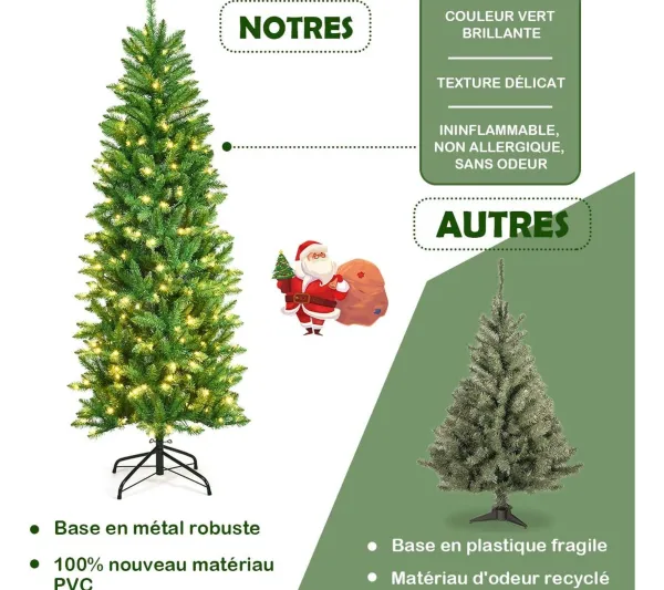 COSTWAY Sapin Et Accessoire^ Sapin De Noël Artificiel 180 Cm Avec Lumieres Blanc Chaud 743 Branches,Support En Fer Robuste,Instal