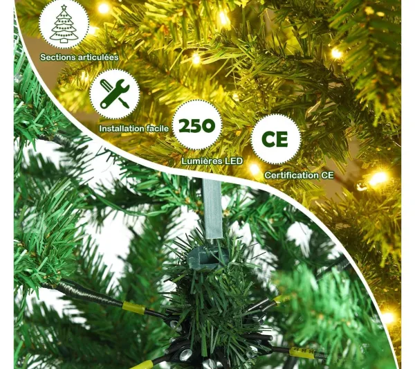 COSTWAY Sapin Et Accessoire^ Sapin De Noël Artificiel 180 Cm Avec Lumieres Blanc Chaud 743 Branches,Support En Fer Robuste,Instal