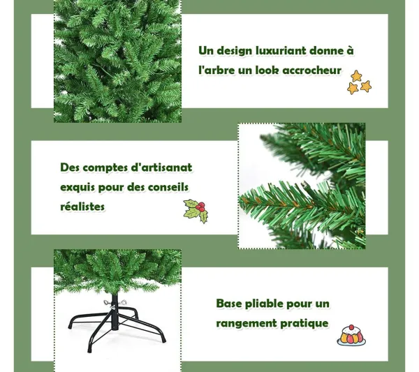 COSTWAY Sapin Et Accessoire^ Sapin De Noël Artificiel 180 Cm Avec Lumieres Blanc Chaud 743 Branches,Support En Fer Robuste,Instal