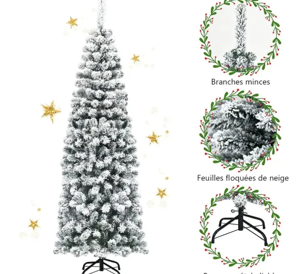 COSTWAY Sapin Et Accessoire^ Sapin De Noël Artificiel Flocons De Neige 180 Cm Avec Aiguilles En Pvc Support Metal Pliable Décor