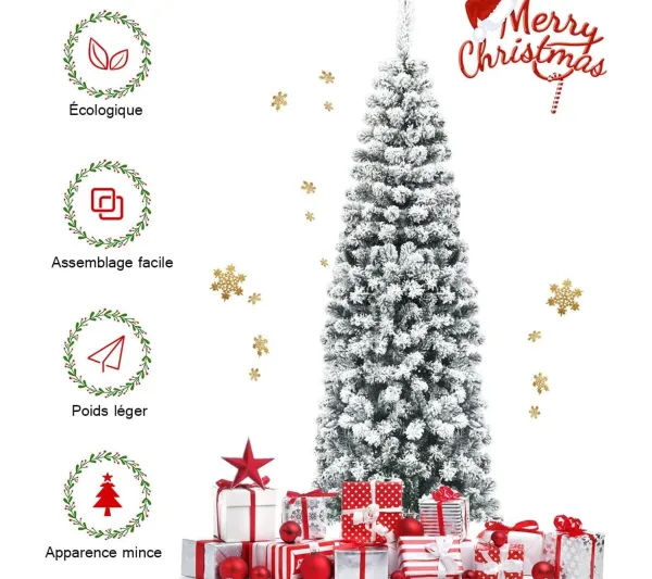COSTWAY Sapin Et Accessoire^ Sapin De Noël Artificiel Flocons De Neige 180 Cm Avec Aiguilles En Pvc Support Metal Pliable Décor
