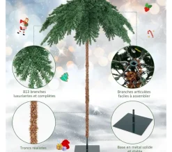 COSTWAY Sapin Et Accessoire^ Sapin De Noël Artificiel De 180 Cm, Palmier De Noël Pre-Illumine Avec 250 Lumieres Led Blanc Chaud