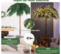 COSTWAY Sapin Et Accessoire^ Sapin De Noël Artificiel De 180 Cm, Palmier De Noël Pre-Illumine Avec 250 Lumieres Led Blanc Chaud