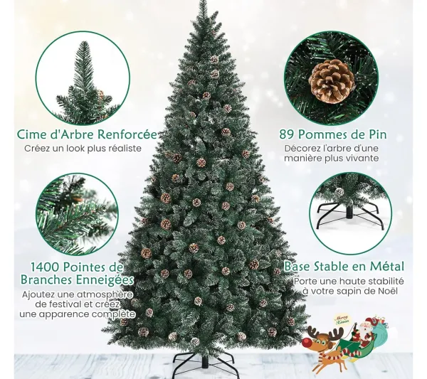 COSTWAY Sapin Et Accessoire^ Sapin De Noël 225Cm Pre-Décore Avec 1400 Pointes Blanches Des Feuilles D'Aiguilles Etoffee 89 Pommes