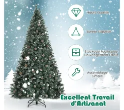COSTWAY Sapin Et Accessoire^ Sapin De Noël 225Cm Pre-Décore Avec 1400 Pointes Blanches Des Feuilles D'Aiguilles Etoffee 89 Pommes