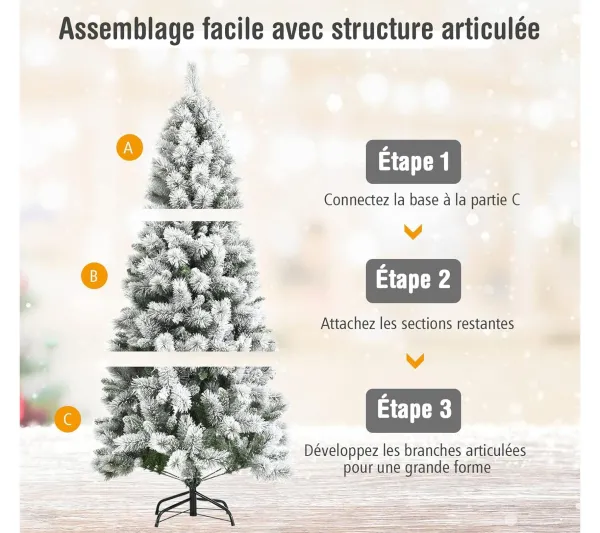 COSTWAY Sapin Et Accessoire^ Sapin De Noël Enneige Artificiel De 180 Cm Longiforme 570 Rameaux En Pvc Aspect Authentique Support