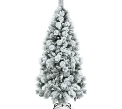 COSTWAY Sapin Et Accessoire^ Sapin De Noël Enneige Longiforme De 180 Cm, Arbre De Noël Artificiel Charnieres Avec 515 Feuilles,
